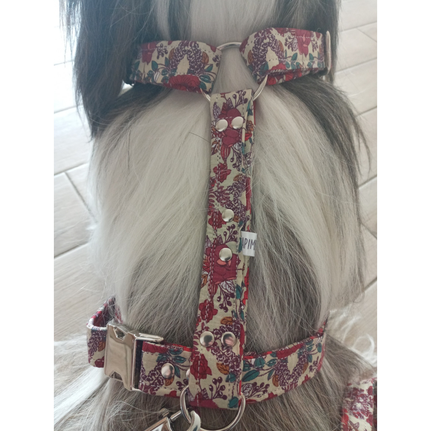 Ensemble Harnais et Laisse motif à fleurs rouges